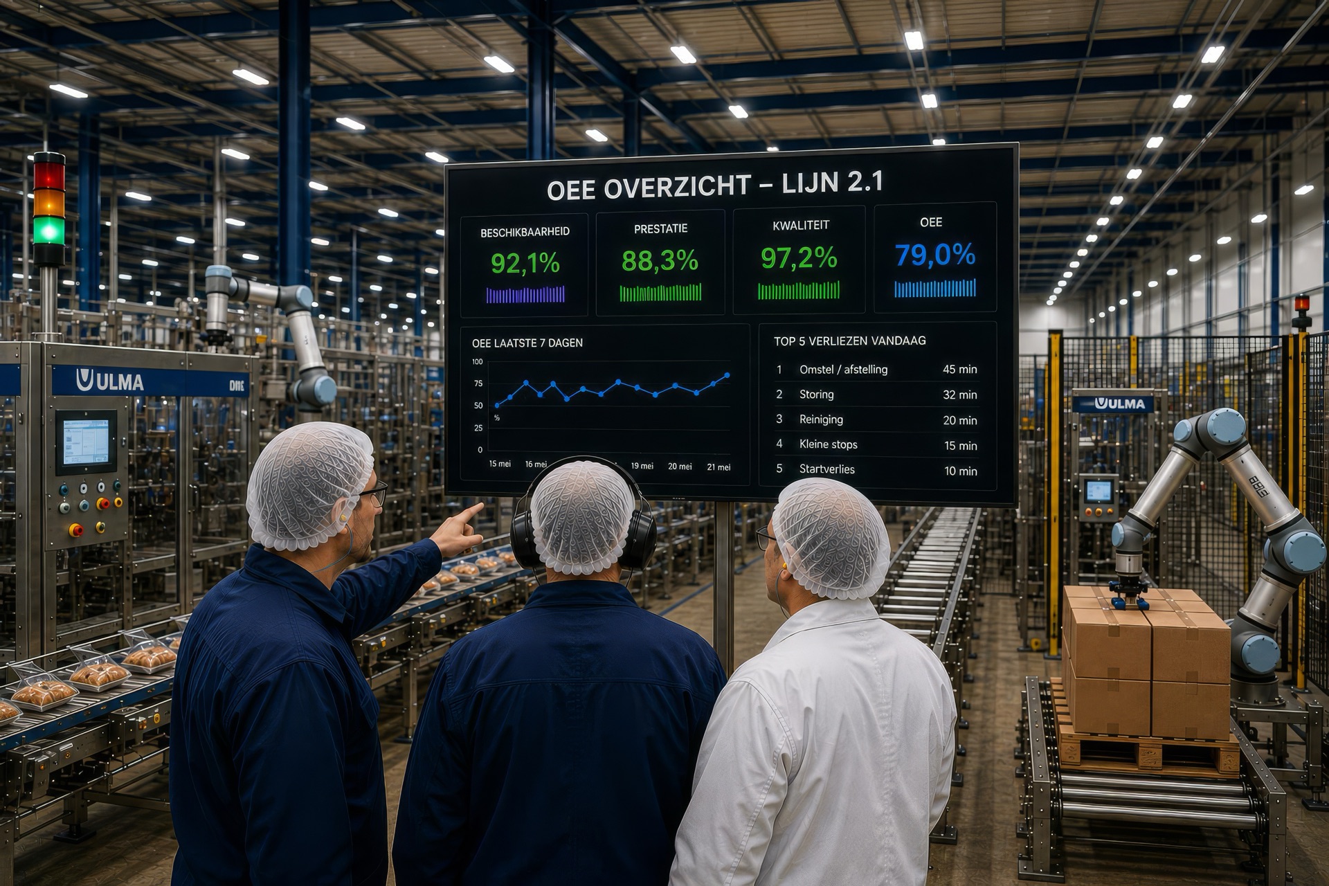 Operators bespreken de OEE-cijfers van productielijn 2.1 op de werkvloer
